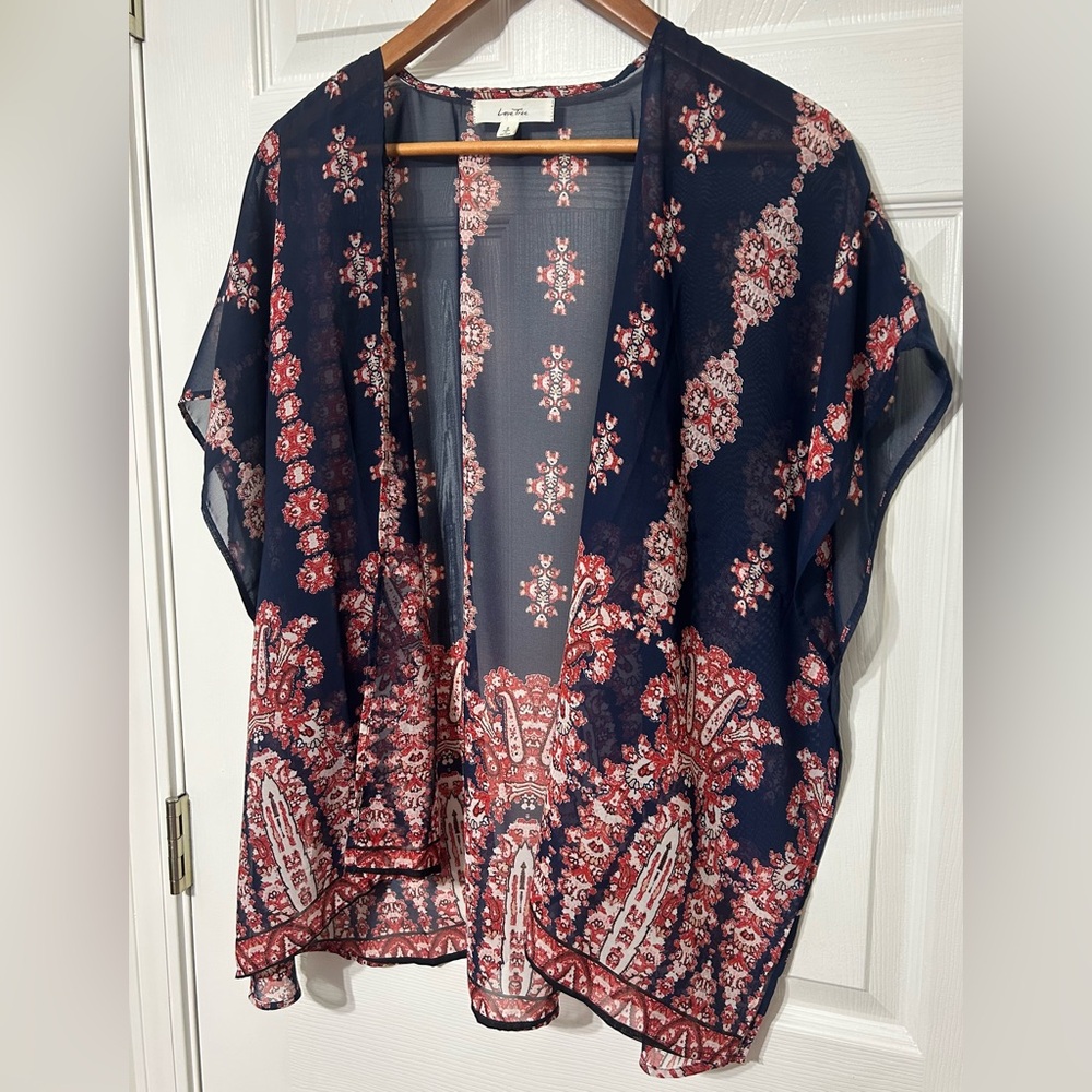 Love Tree Women’s Navy Blue/ Rust Red Kimono Cardigan Sheer Floral Aztec Size S